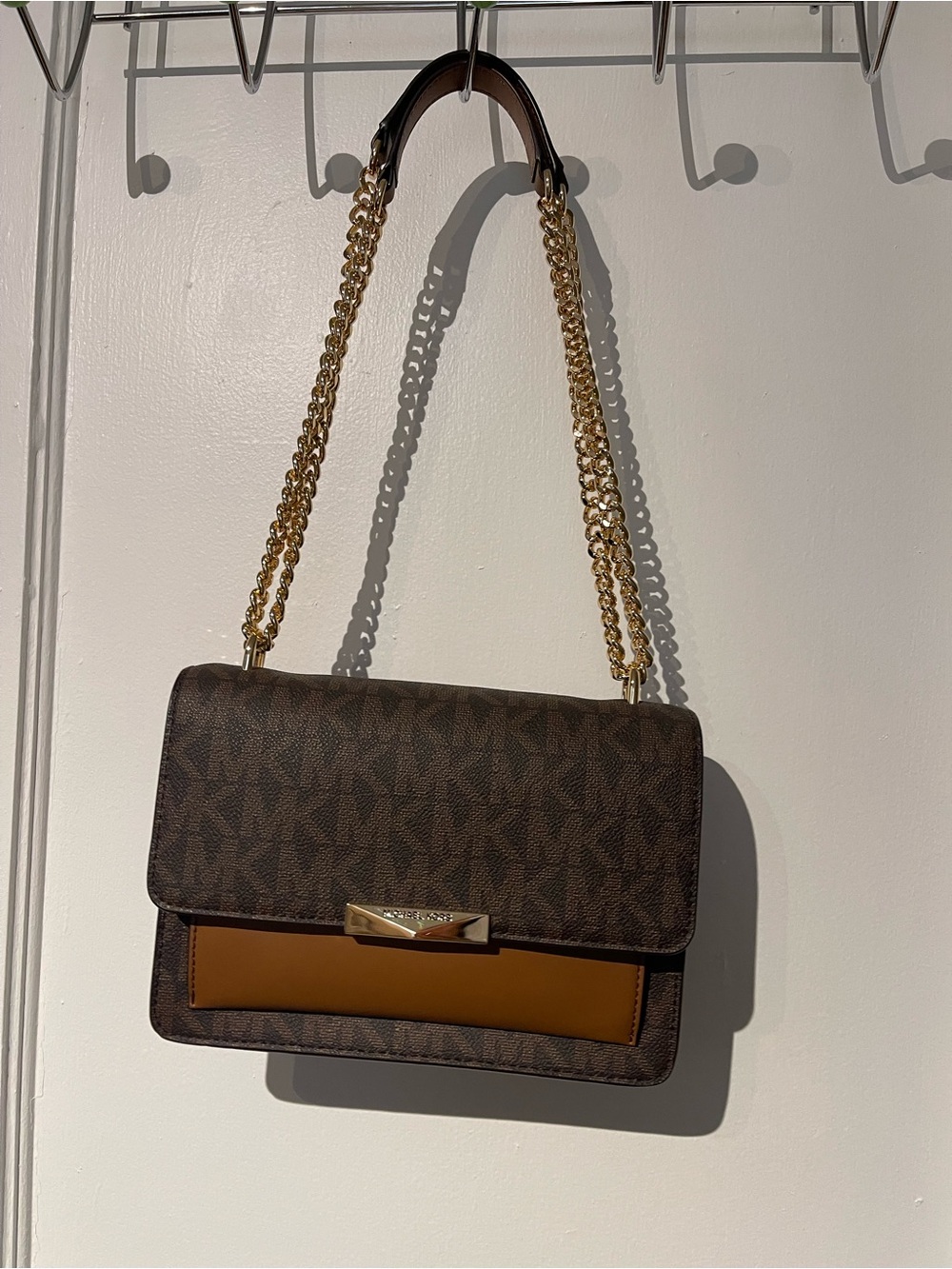 Michael Kors Brown Logo-Print Shoulder Bag with Brown Accent and Gold Chain